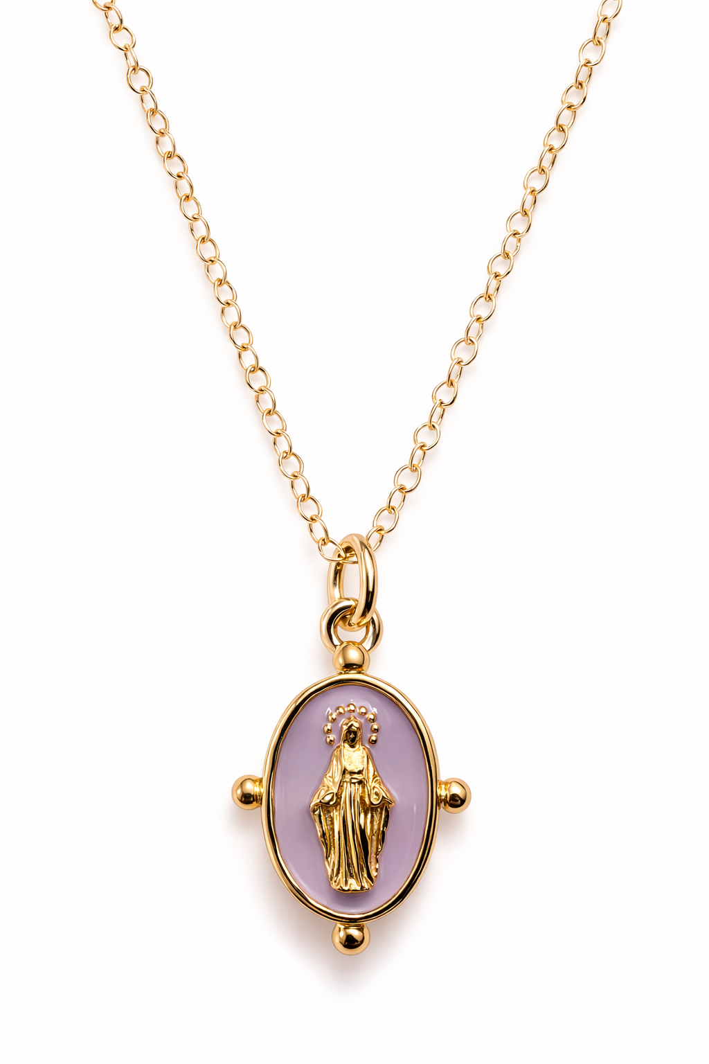 Gold necklace with a purple pendant featuring a religious figure on a white background