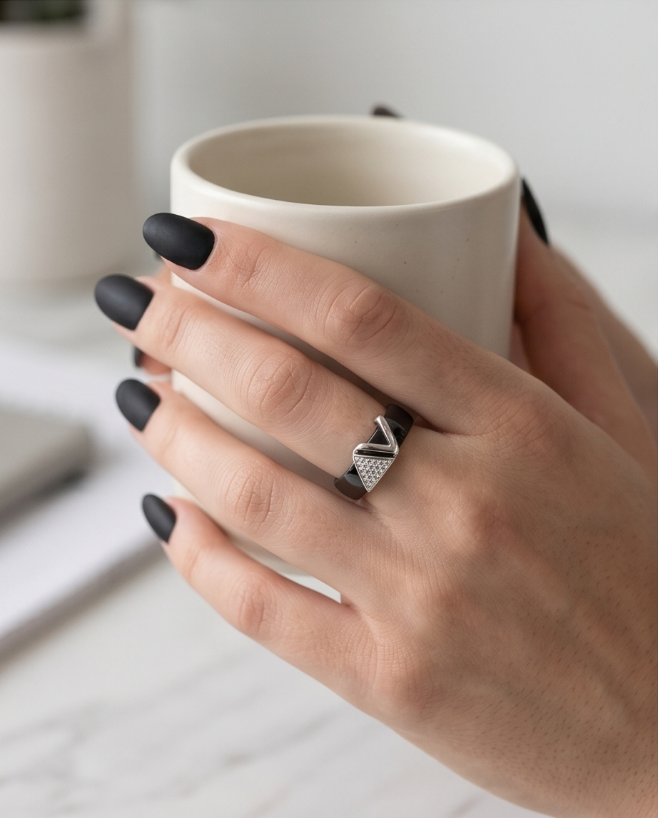 Model wearing Avant black ceramic silver geometric ring with black nails holding mug, Stacked by Jayneebell