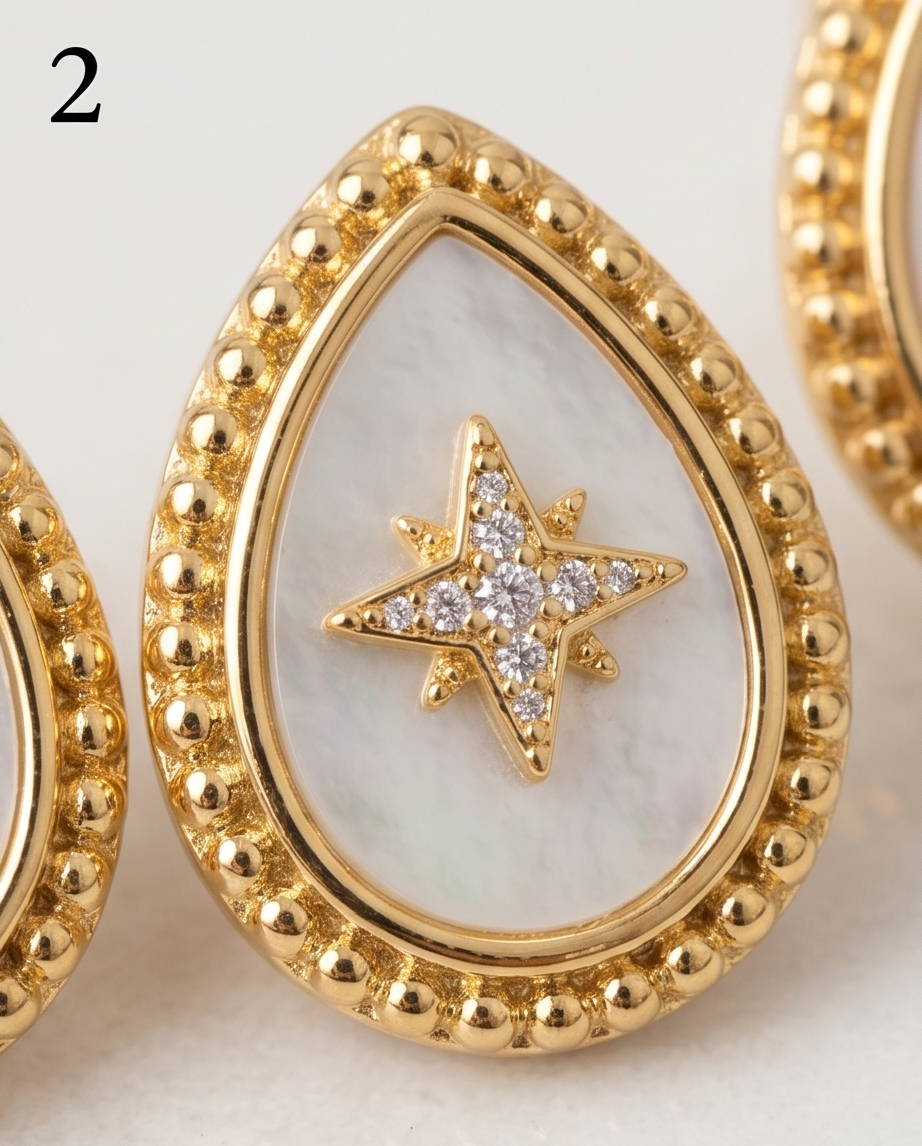 Close-up detail of True North mother of pearl pavé CZ north star and gold milgrain border, Stacked by Jayneebell