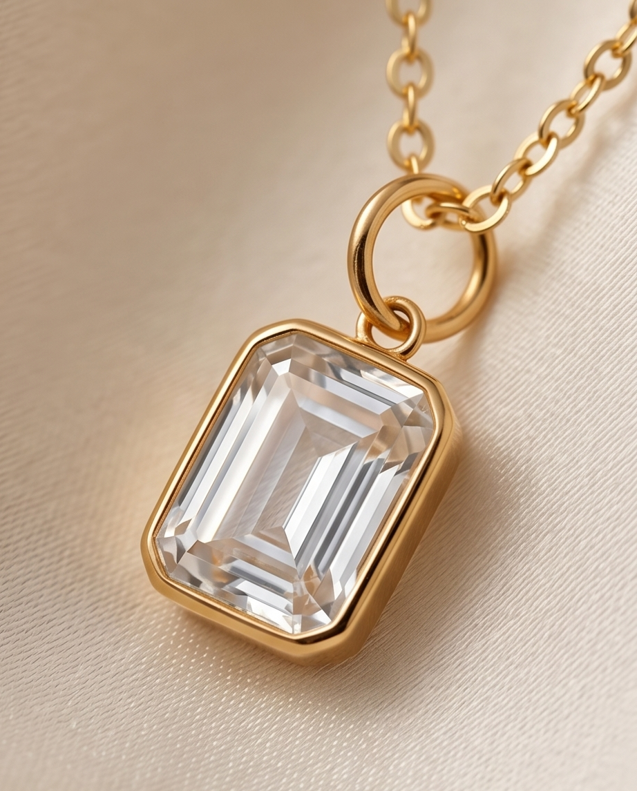 2 carat emerald cut lab diamond pendant on 14k gold filled chain close up — The Luminaire by Stacked by Jayneebell
