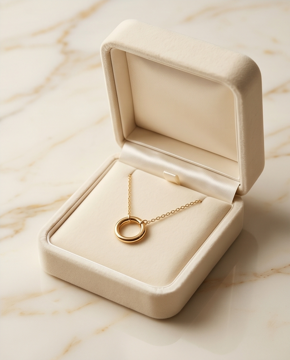 Full Circle gold necklace in cream velvet jewelry box on marble — Stacked by Jayneebell