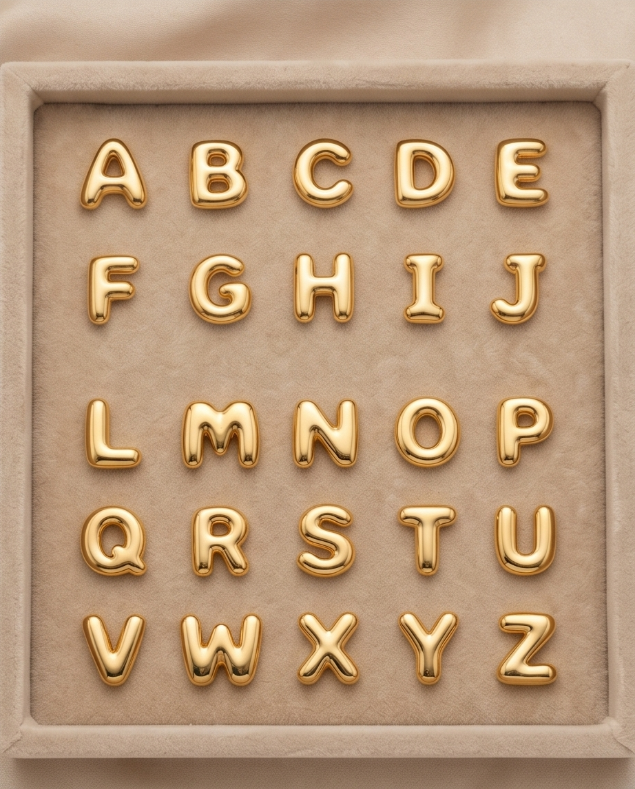 All 26 18k gold filled bubble letters A through Z displayed in suede tray — Make It Mine by Stacked by Jayneebell