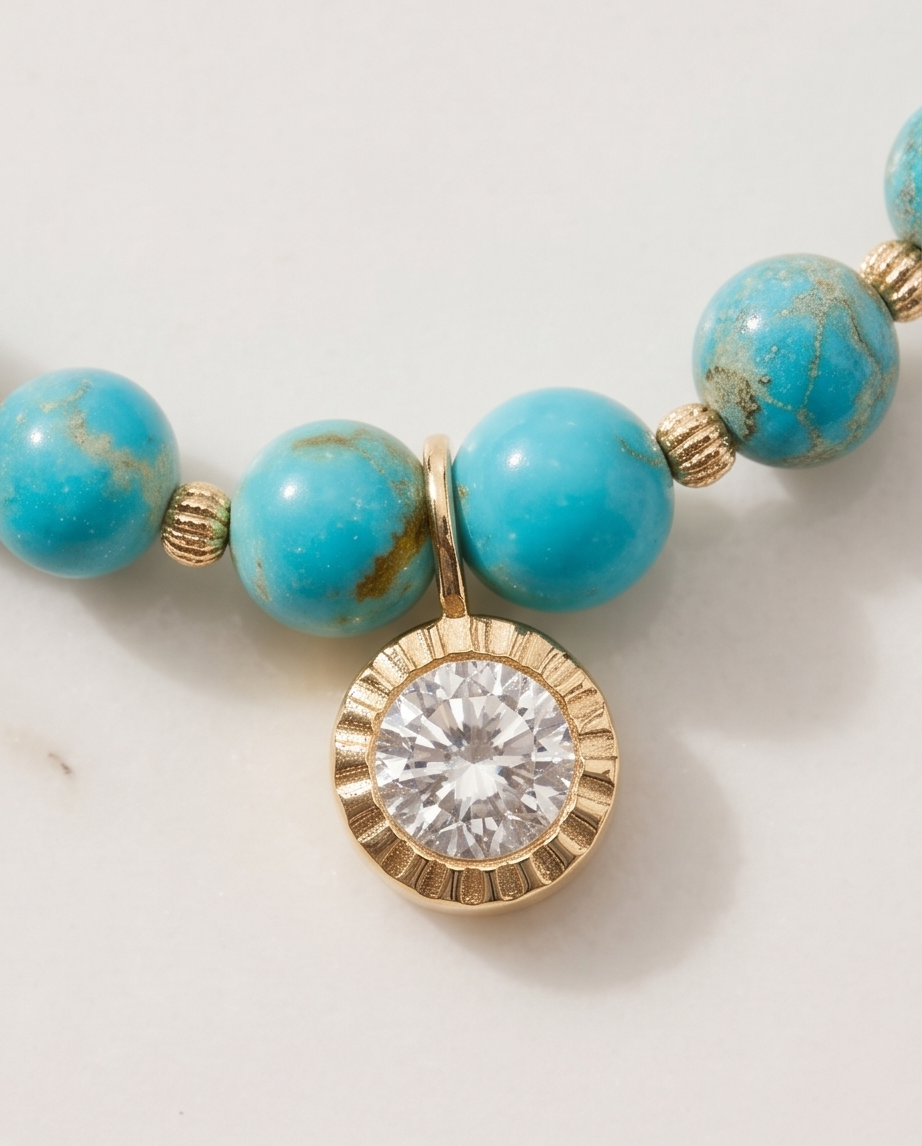 Close-up detail of Sedona Sunset bezel-set CZ solitaire pendant and gold filled spacers on natural turquoise beads, Stacked by Jayneebell
