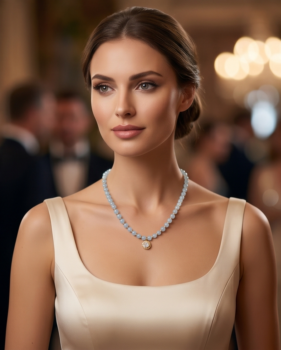 Woman wearing aquamarine gold filled beaded necklace with CZ solitaire at formal event — Stacked by Jayneebell