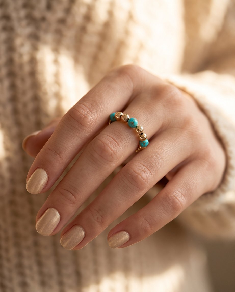 The Desert Bloom ring worn on hand, turquoise and 14k gold filled beaded stretch ring | Stacked by Jayneebell