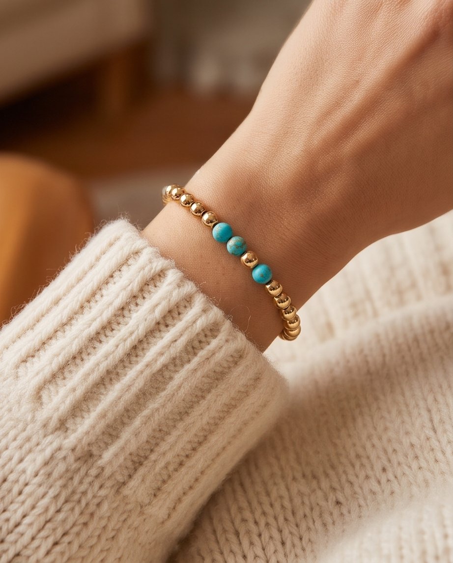 The Desert Bloom bracelet worn on wrist, turquoise and 14k gold filled beaded stretch bracelet | Stacked by Jayneebell