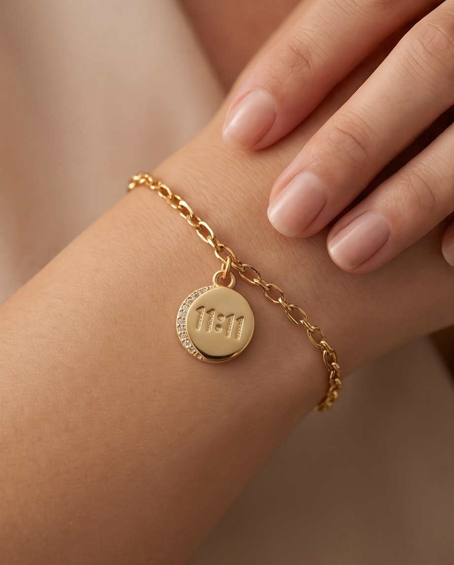 Gold filled 11:11 coin charm worn on gold chain bracelet on wrist — Stacked by Jayneebell