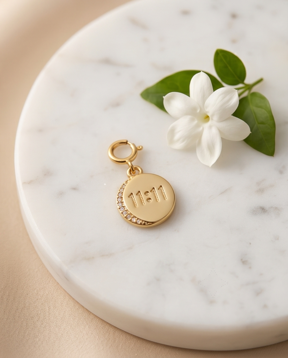 Gold filled 11:11 convertible charm on marble tray with white flower — Stacked by Jayneebell