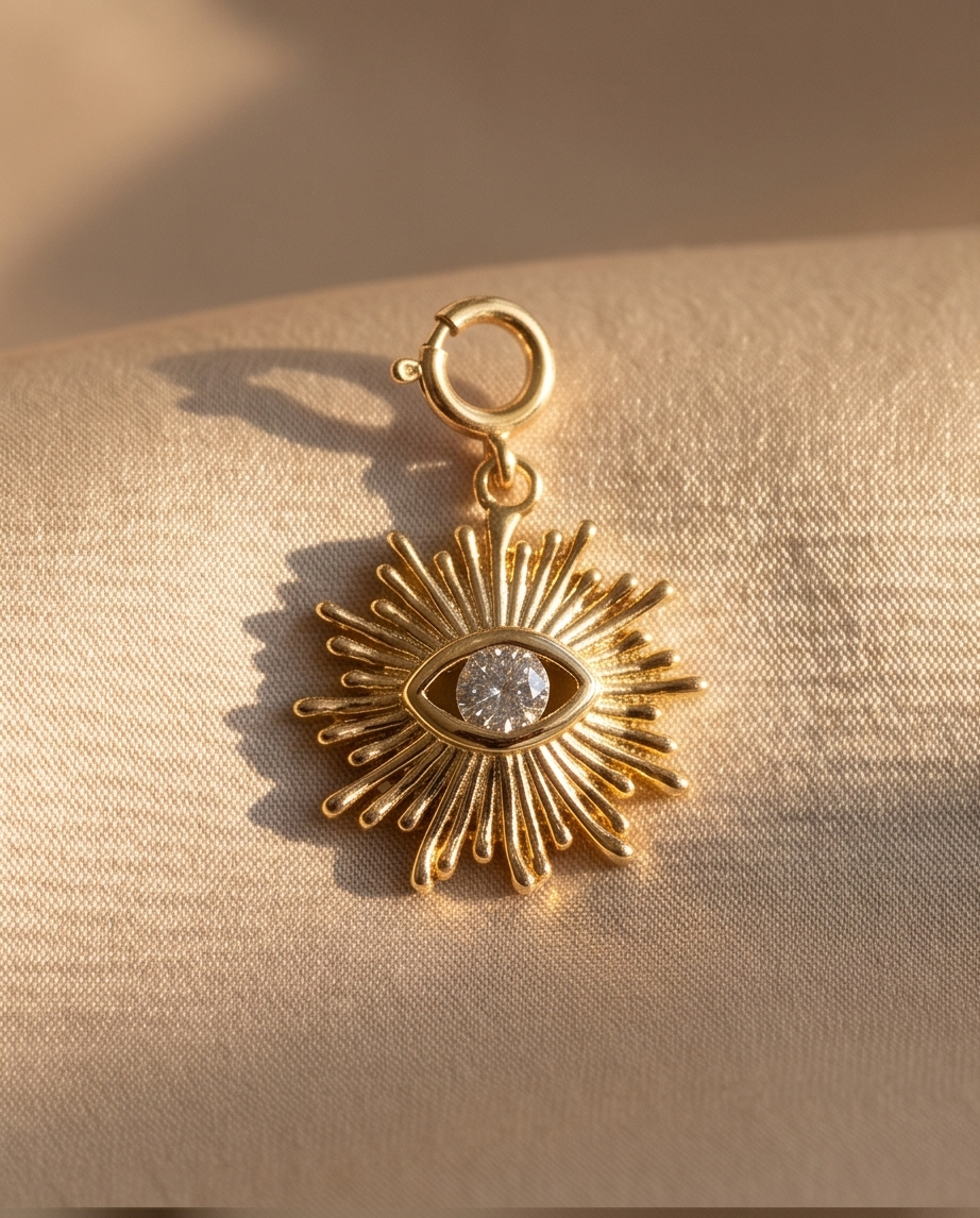 Gold filled evil eye sunburst convertible charm with cubic zirconia center stone on linen background — Stacked by Jayneebell