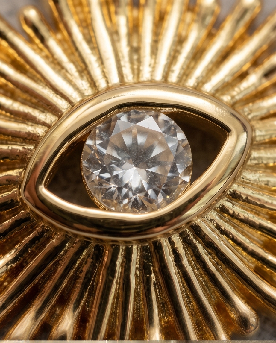 Close up of round brilliant cubic zirconia bezel set in gold filled evil eye charm — Stacked by Jayneebell