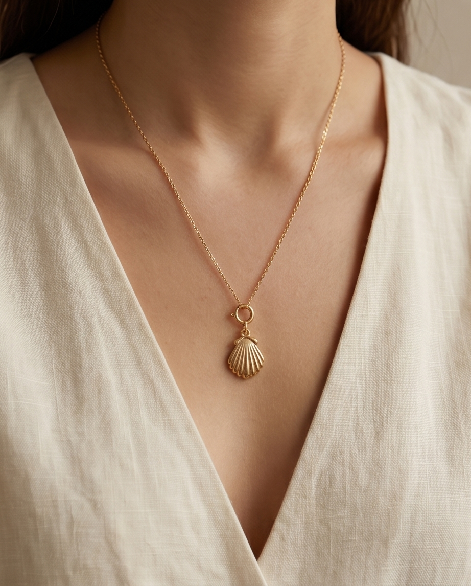 She Sells gold seashell charm worn as necklace pendant on model — Stacked by Jayneebell