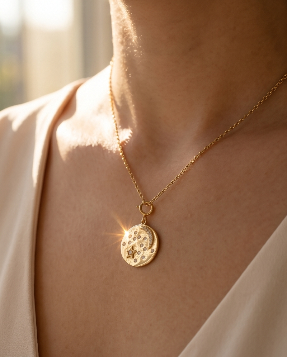 Moonchild celestial coin charm worn as necklace pendant with light flare — Stacked by Jayneebell