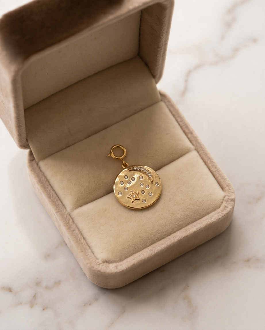 Gold filled celestial moon charm in tan velvet jewelry box on marble — Moonchild by Stacked by Jayneebell