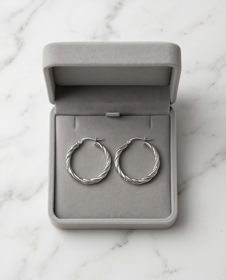 The Rope twisted silver hoop earrings in grey velvet gift box on marble, Stacked by Jayneebell
