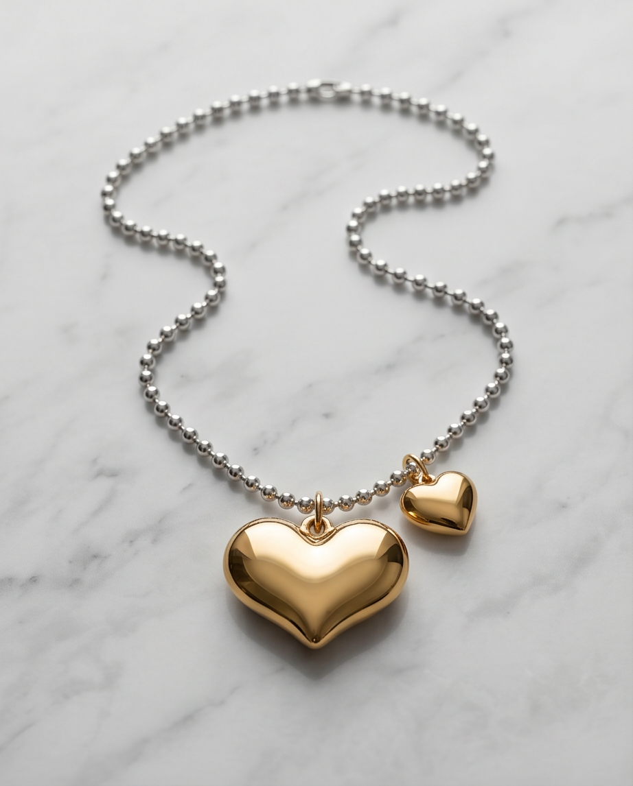The Duo double puffy heart gold and silver PVD necklace on marble, Stacked by Jayneebell
