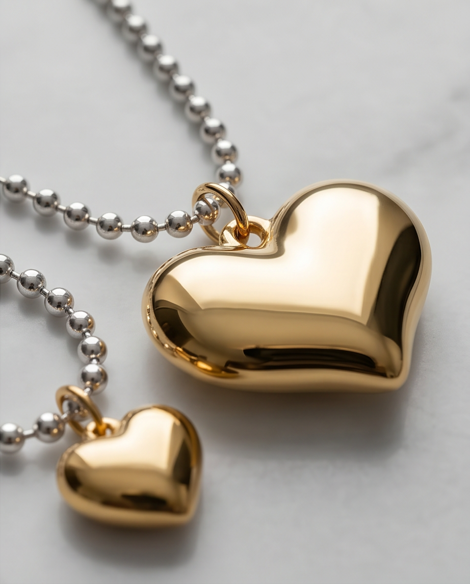 Close-up detail of The Duo graduated gold PVD puffy hearts on silver ball chain, Stacked by Jayneebell