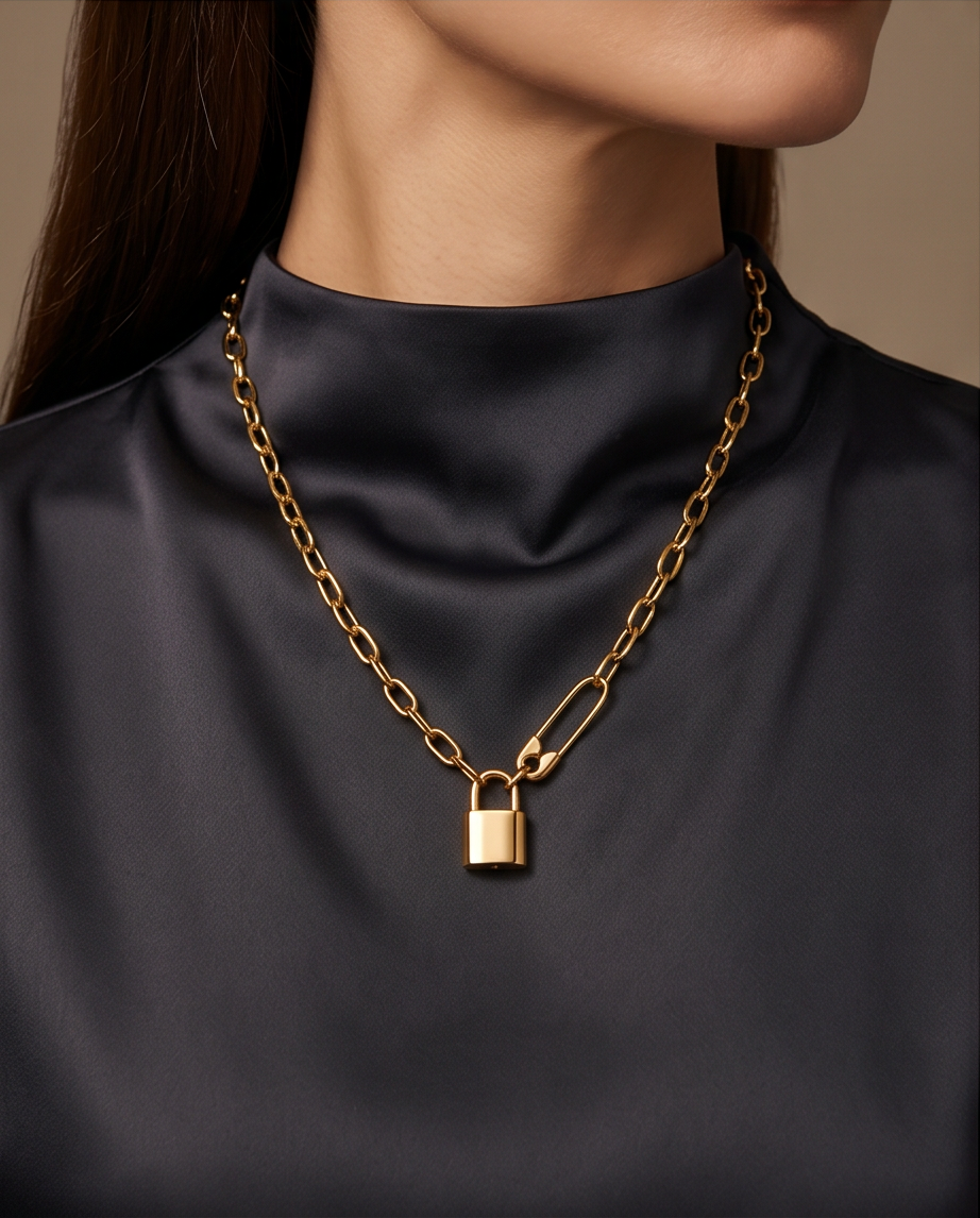 Model wearing Locked In gold padlock chain necklace with black silk top, Stacked by Jayneebell