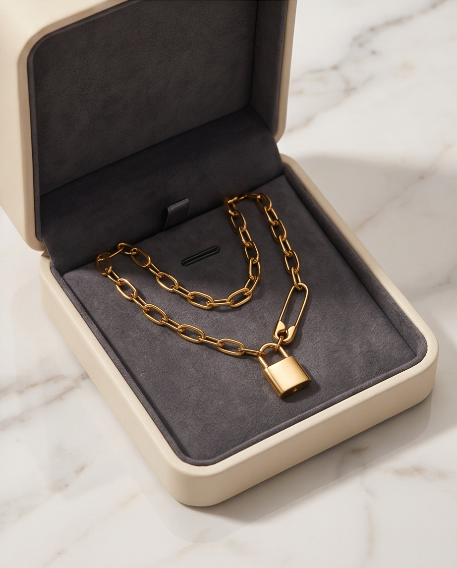 Locked In gold paperclip chain padlock necklace in grey velvet gift box on marble, Stacked by Jayneebell
