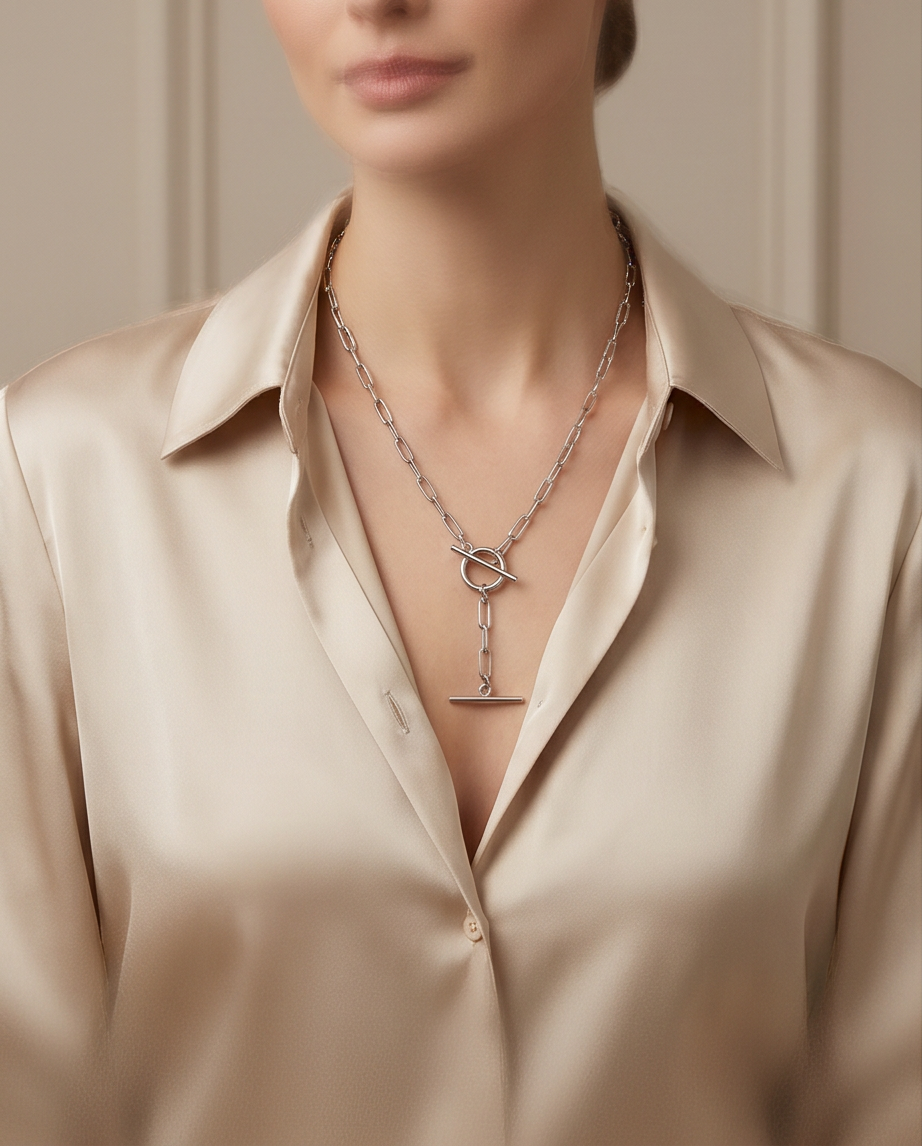 Model wearing Bar None silver T-bar paperclip chain necklace with silk blouse, Stacked by Jayneebell