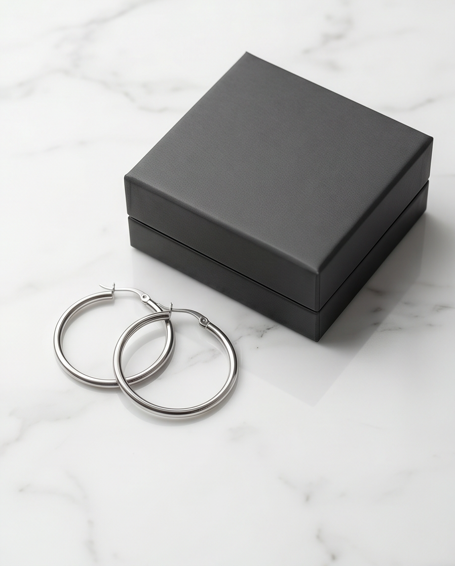 The Silver Standard silver PVD tube hoop earrings with black gift box on marble, Stacked by Jayneebell