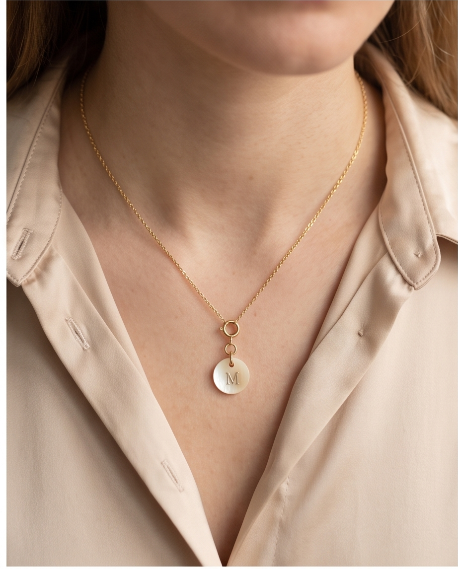 Just My Type initial necklace worn on neck, 16 inch gold filled chain | Stacked by Jayneebell