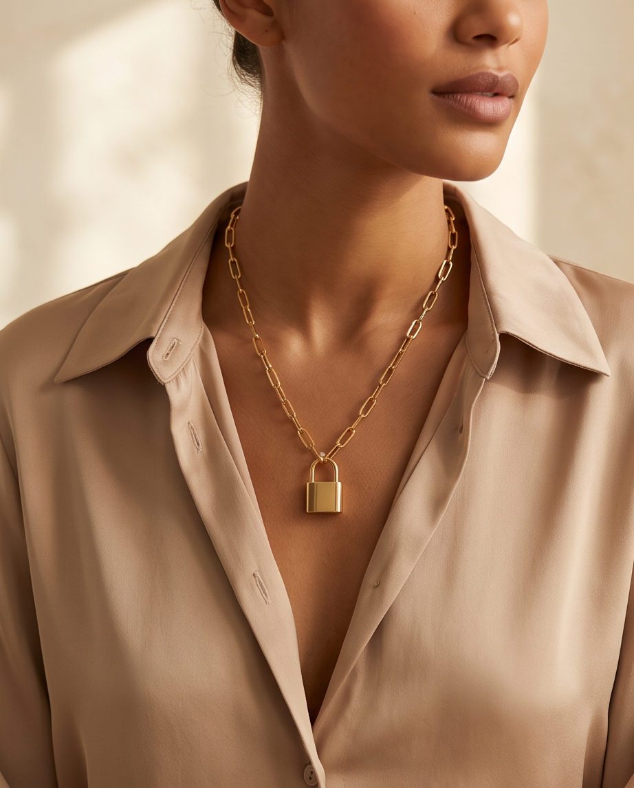 Woman wearing The Keeper gold padlock pendant necklace with paperclip chain | Stacked by Jayneebell