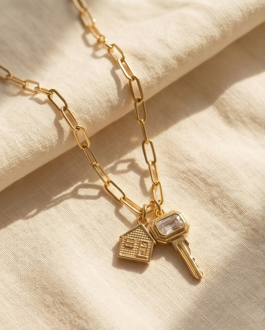 Gold chain necklace with house and key charms on a beige fabric background