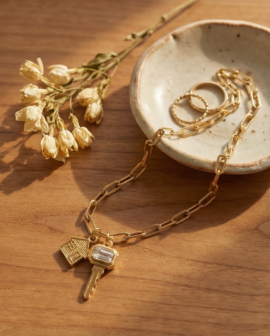 Gold necklace with key and gemstone charm on a wooden surface with dried flowers and a ceramic dish.