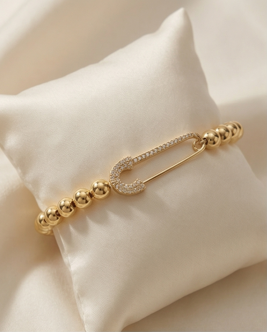 The Safety Net Bracelet | Pavé Safety Pin | 7mm Gold Filled Beaded Bracelet