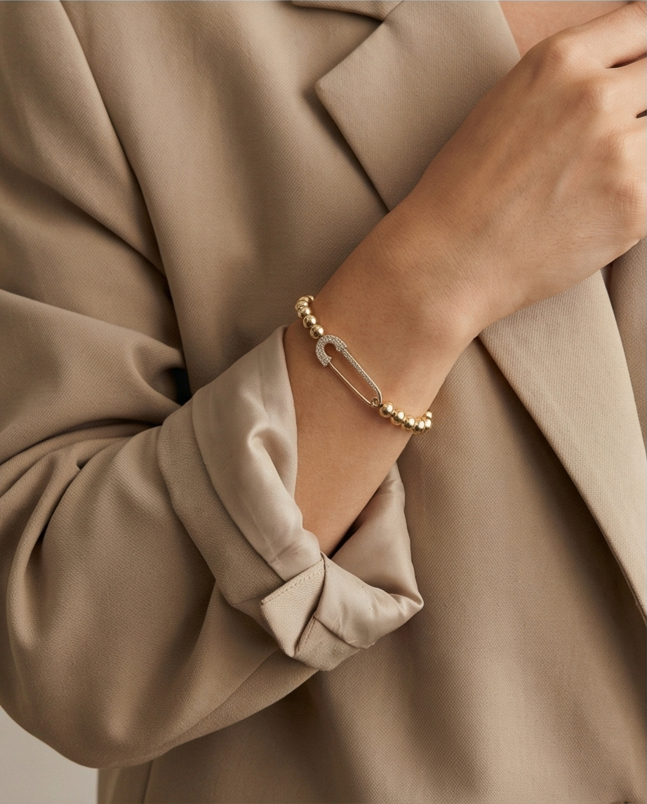 The Safety Net Bracelet | Pavé Safety Pin | 7mm Gold Filled Beaded Bracelet