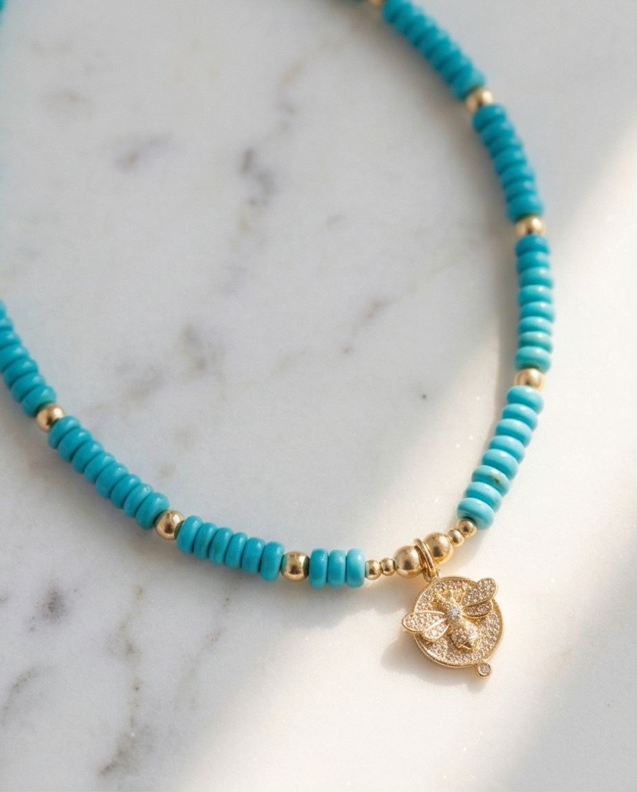 The Queen Bee Necklace | Turquoise + 14k Gold Filled Beaded Necklace