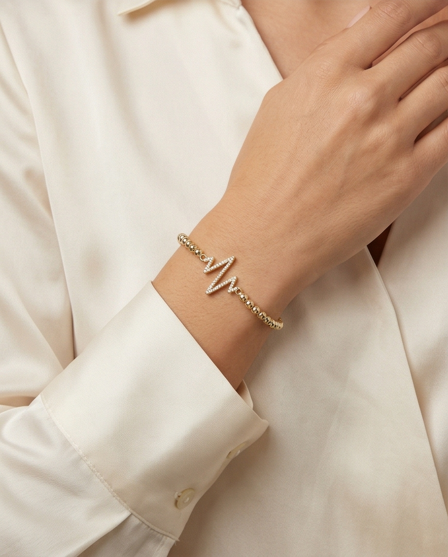 The Heartbeat Bracelet | Pavé Pulse Charm | 4mm Gold Filled Stretch Bracelet