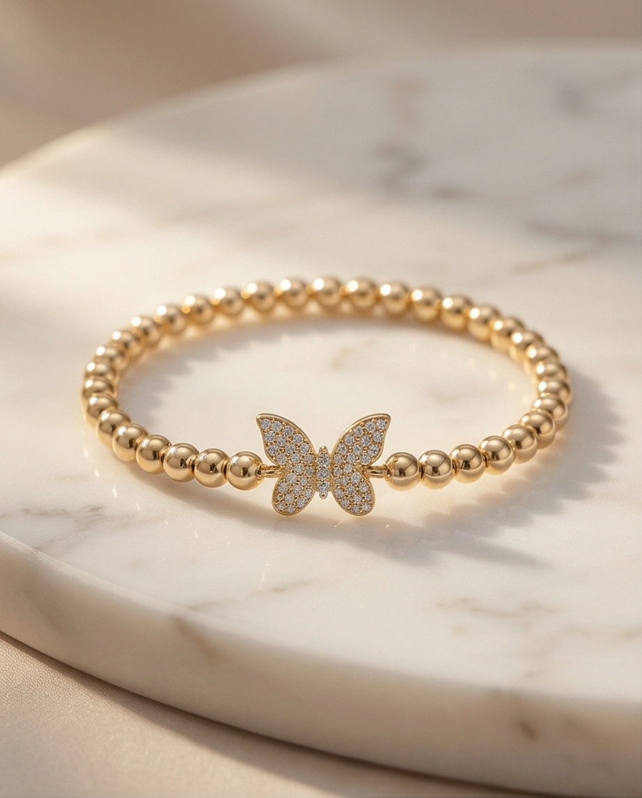 The Becoming Bracelet | Butterfly Pavé Charm | 4mm Gold Filled Stretch Bracelet