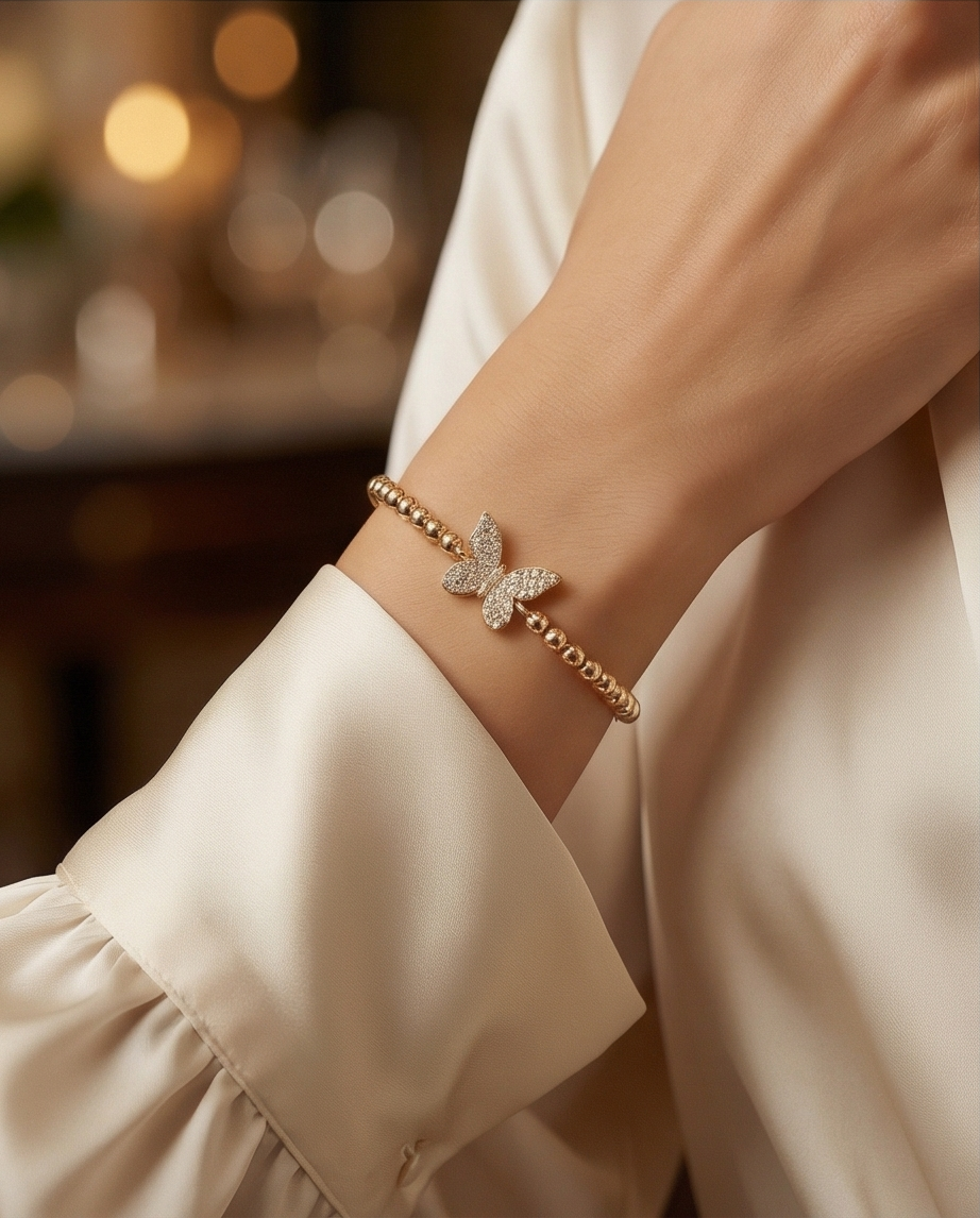 The Becoming Bracelet | Butterfly Pavé Charm | 4mm Gold Filled Stretch Bracelet