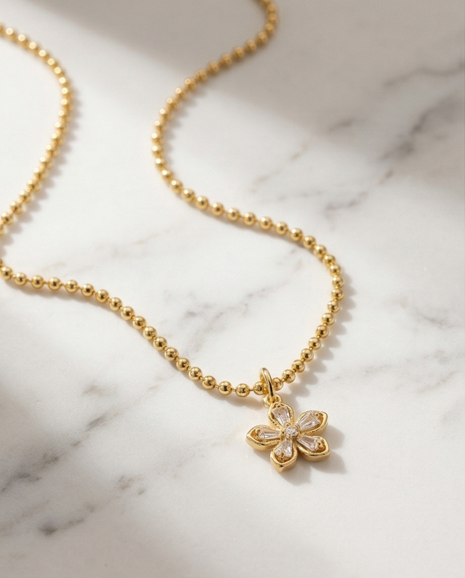 The Petal Necklace | 14k Gold Filled Beaded Chain with CZ Flower Pendant