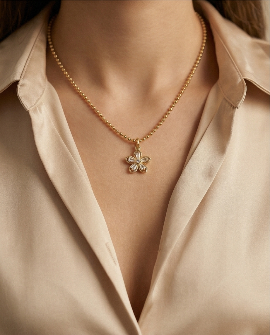 The Petal Necklace | 14k Gold Filled Beaded Chain with CZ Flower Pendant