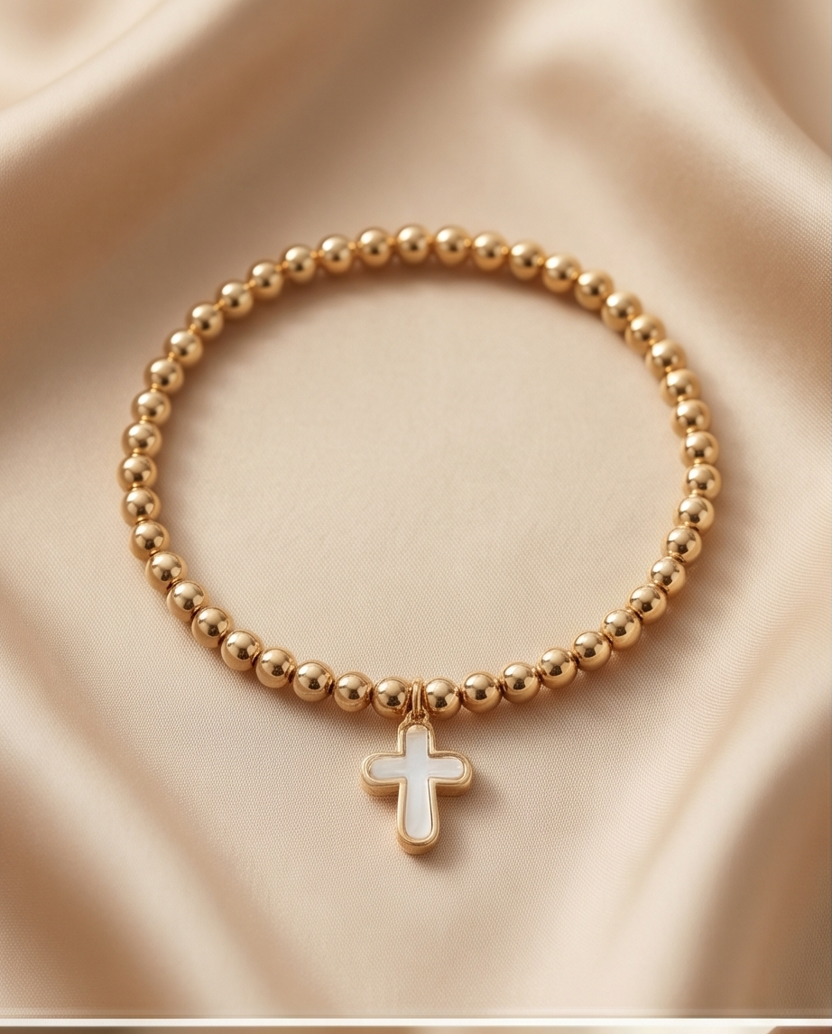 The Soft Faith Bracelet | Mother of Pearl Cross | 14k Gold Filled Beaded Stretch Bracelet