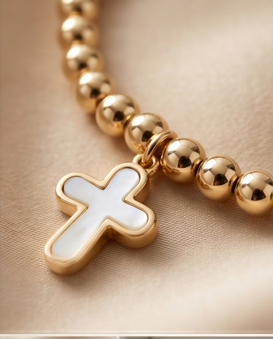 The Soft Faith Bracelet | Mother of Pearl Cross | 14k Gold Filled Beaded Stretch Bracelet