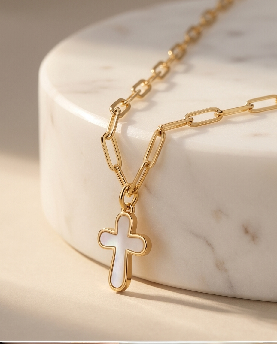 The Soft Faith Necklace | Mother of Pearl Cross | Gold Paperclip Chain