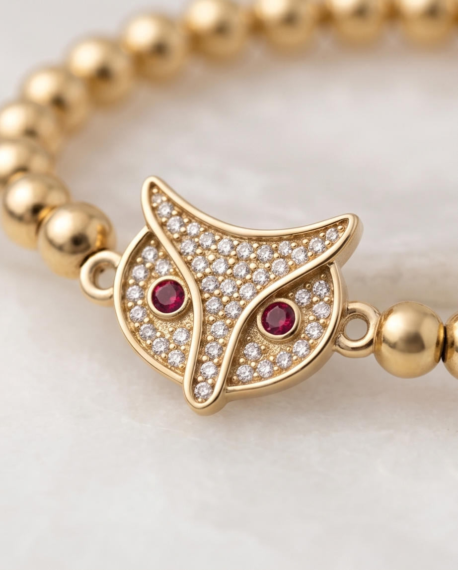 lose up of gold owl charm with crystal detailing on beaded bracelet — Stacked by Jayneebell