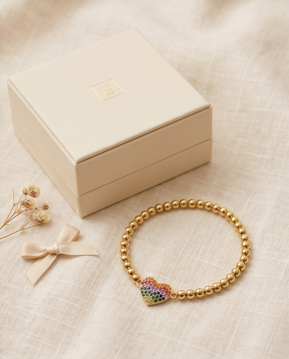 Rainbow Heart Flat Charm Stretch Bracelet | 14k Gold Plated