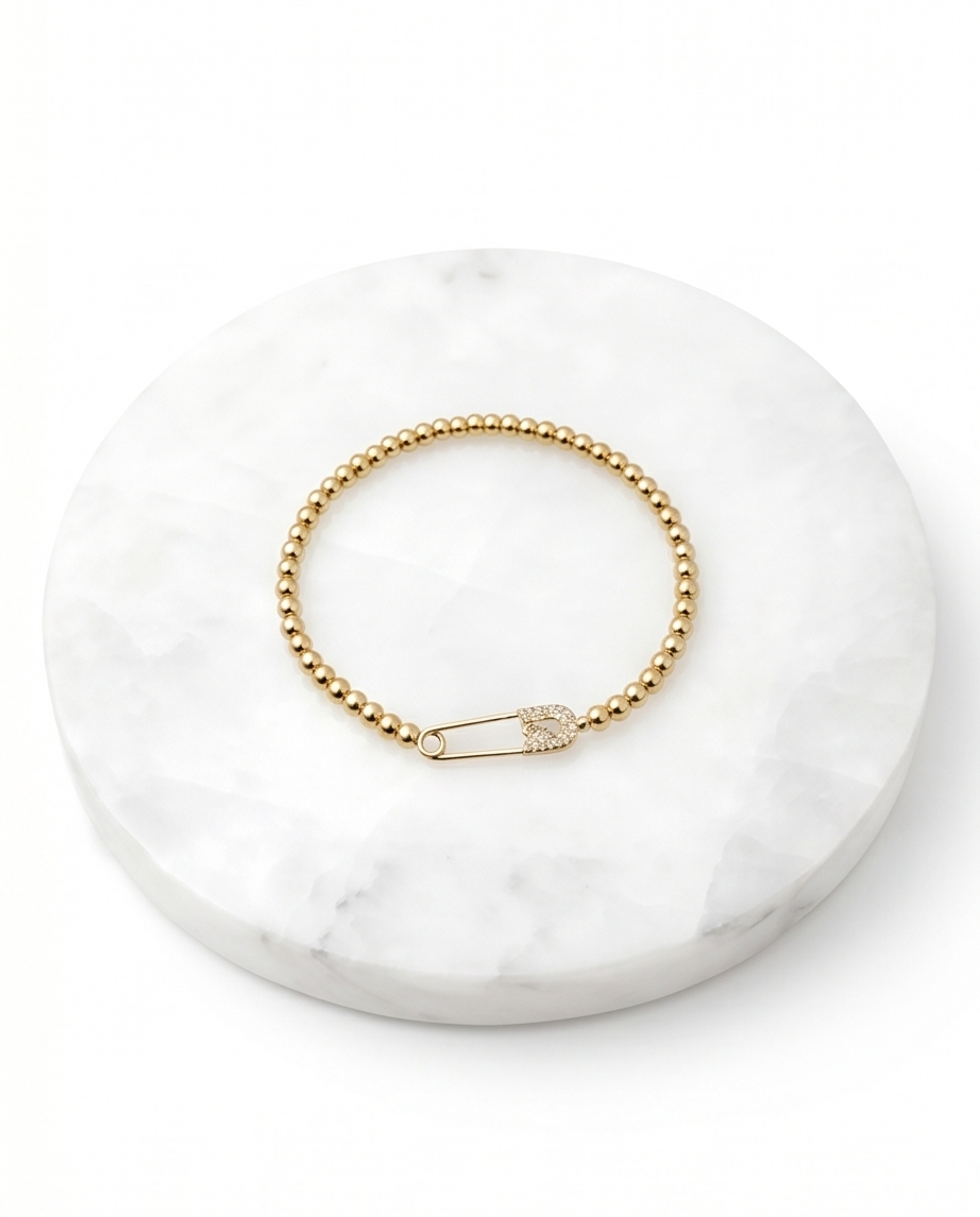 Safety Pin Flat Charm Stretch Bracelet | 14k Gold Plated