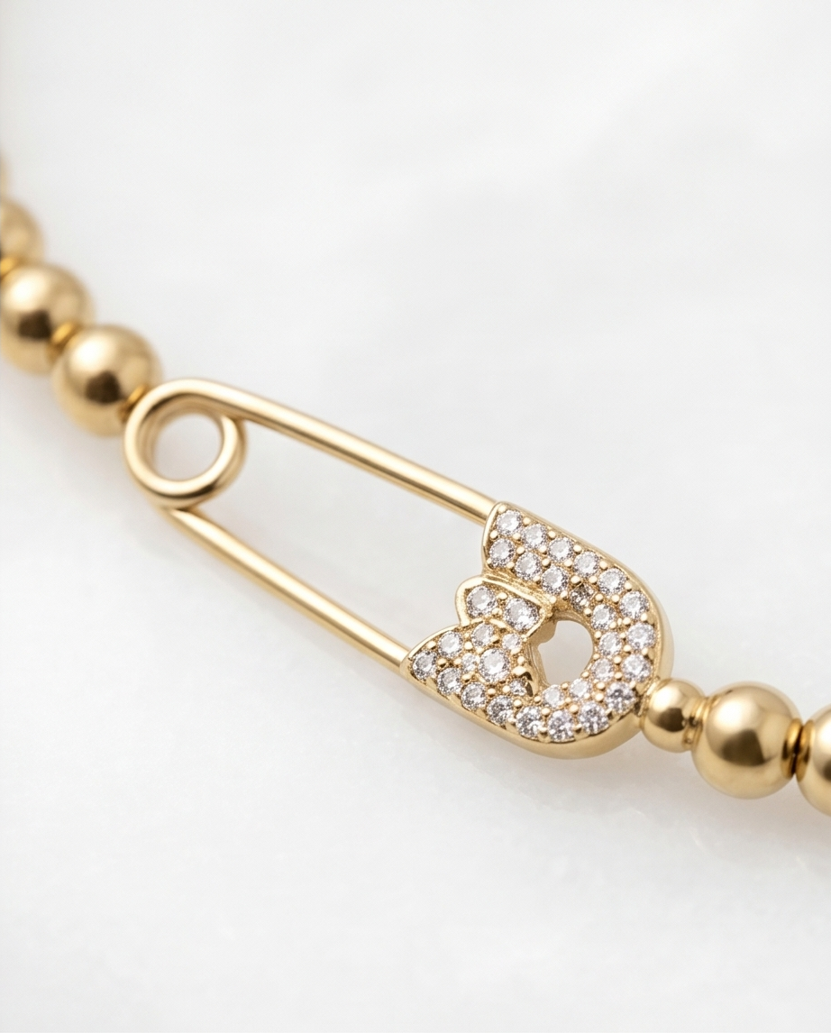 Safety Pin Flat Charm Stretch Bracelet | 14k Gold Plated