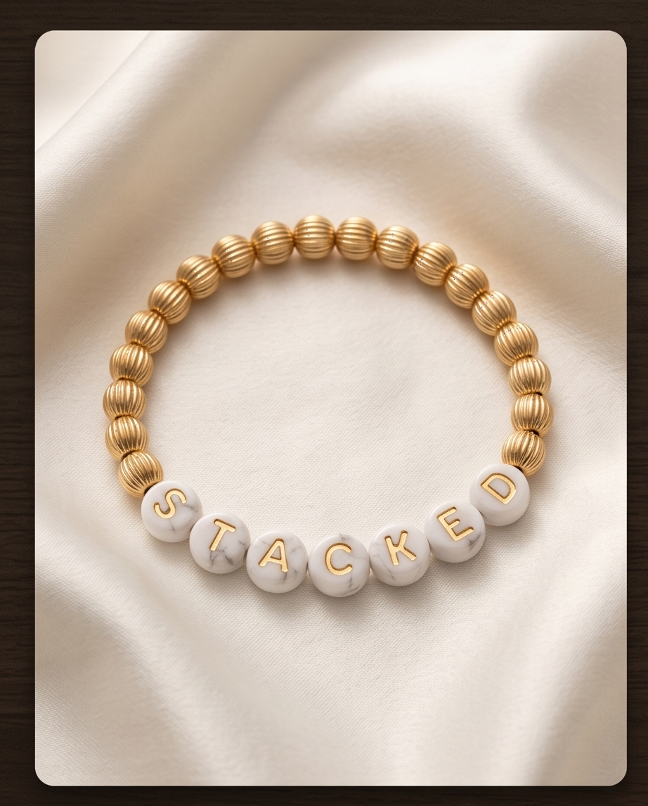 Custom mother of pearl and gold filled word bracelet spelling STACKED on cream satin — Just Sayin&