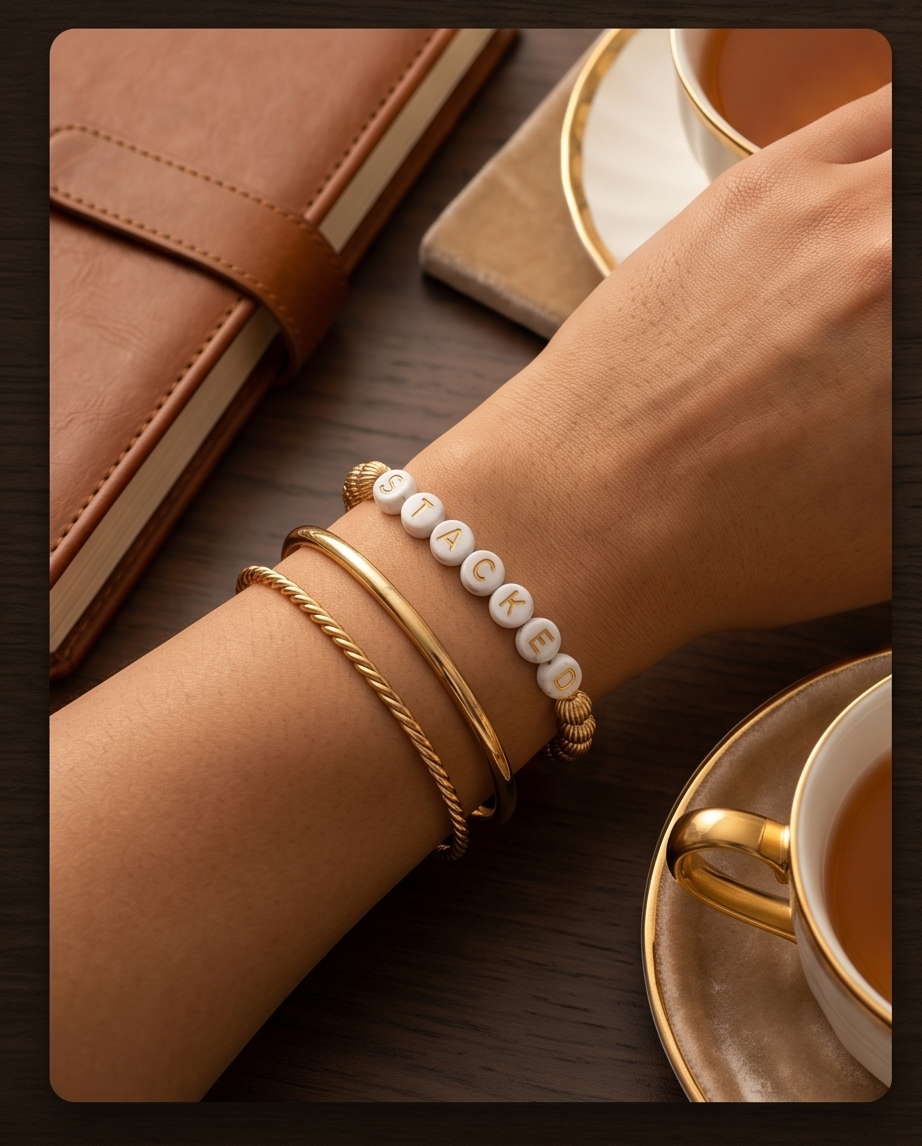 custom beaded bracelet spelling STACKED worn on wrist — Just Sayin&