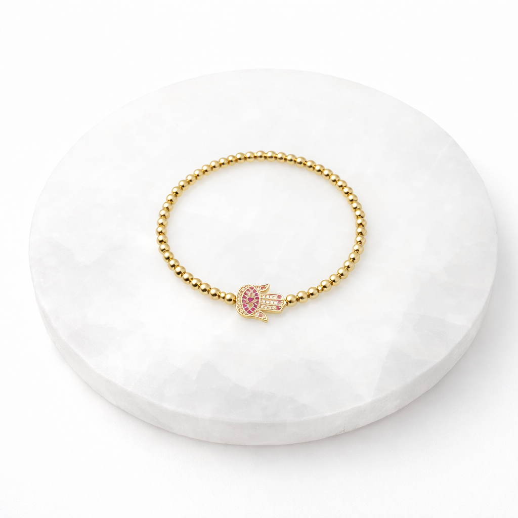 Hamsa Flat Charm Stretch Bracelet | 14k Gold Plated