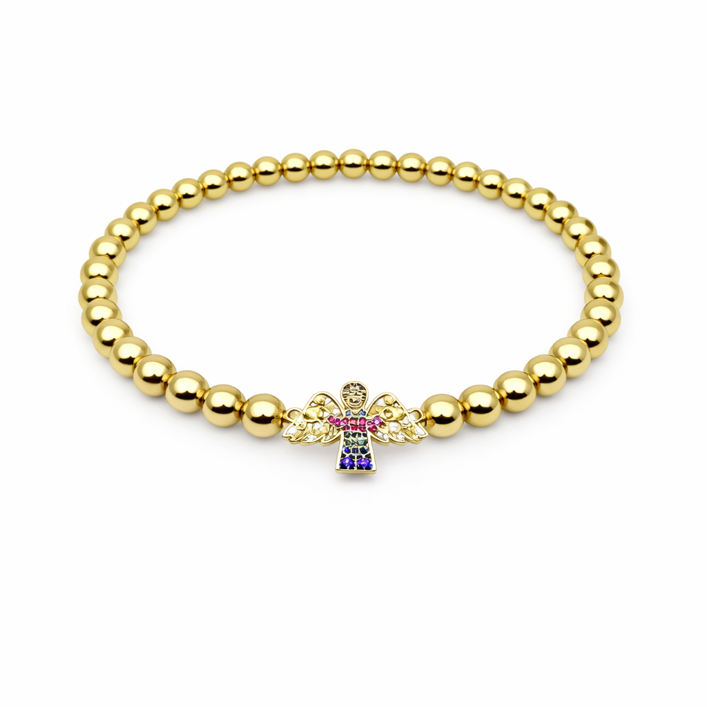 Gold beaded bracelet with a colorful angel charm on a white background