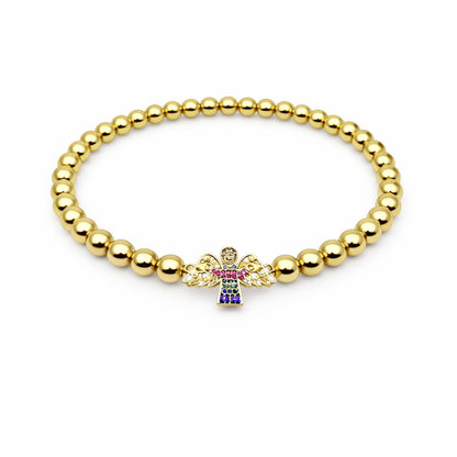 Gold beaded bracelet with a colorful angel charm on a white background