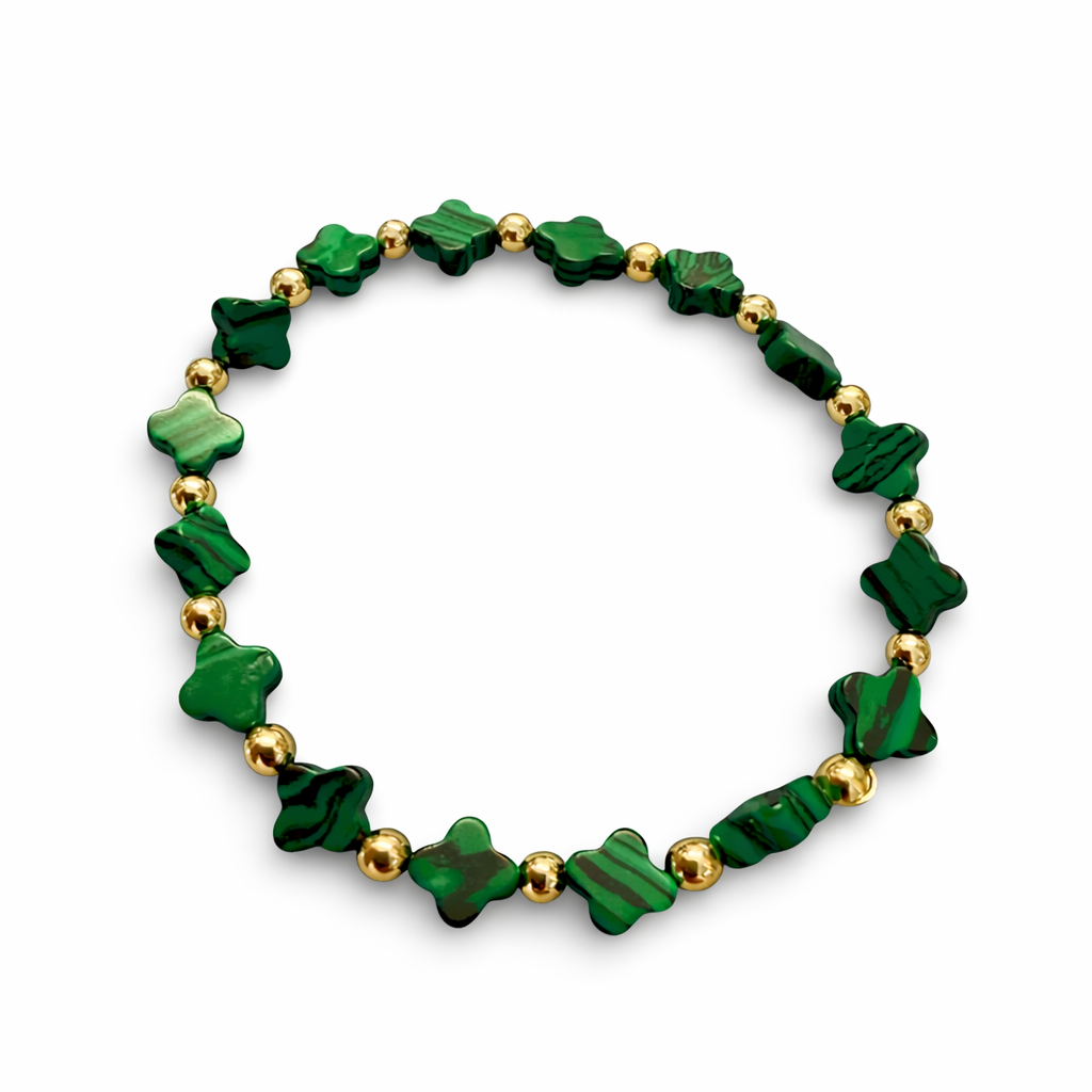 Green malachite and gold beaded bracelet on a white background