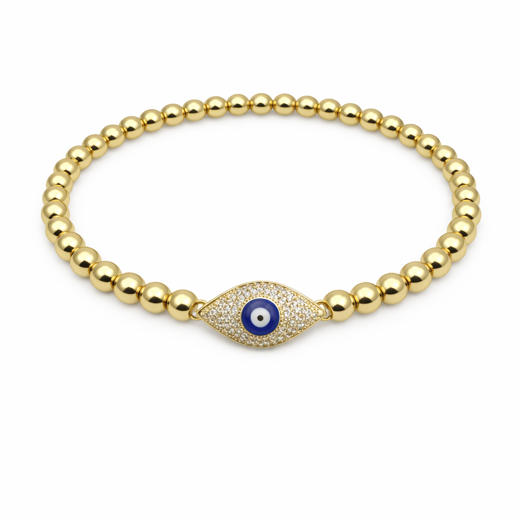 evil eye protector charm on a beaded bracelet with a white background
